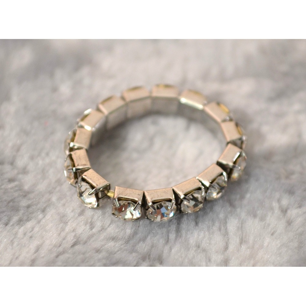 Silver Tone Stretch Band Ring Size 8.5 - 10 Clear Rhinestones